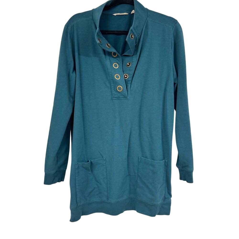 Soft Surroundings Teal Blue Snap Henley Tunic Top Long Sleeve Sweater Womens M